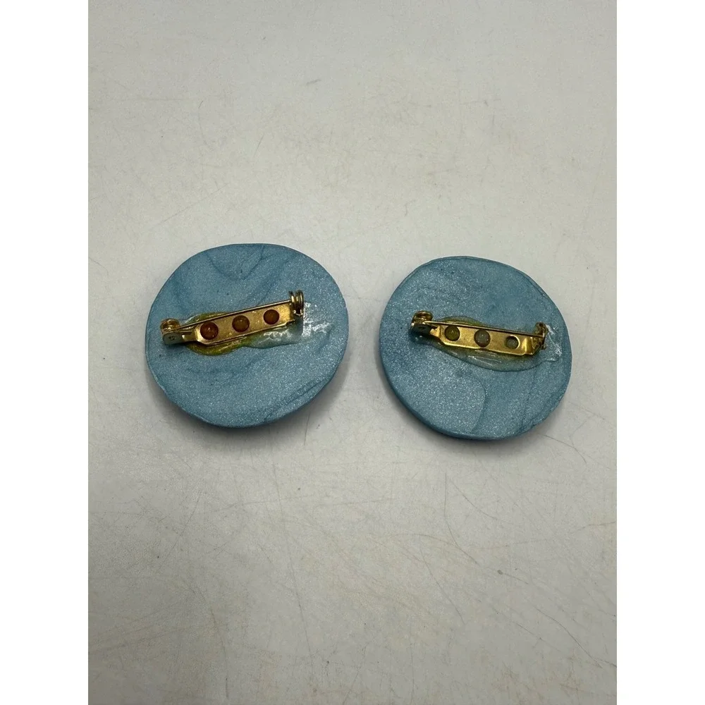 Handmade Polymer Clay DANCE Flower Pins Blue Glitter Daisy Brooch Set of 2